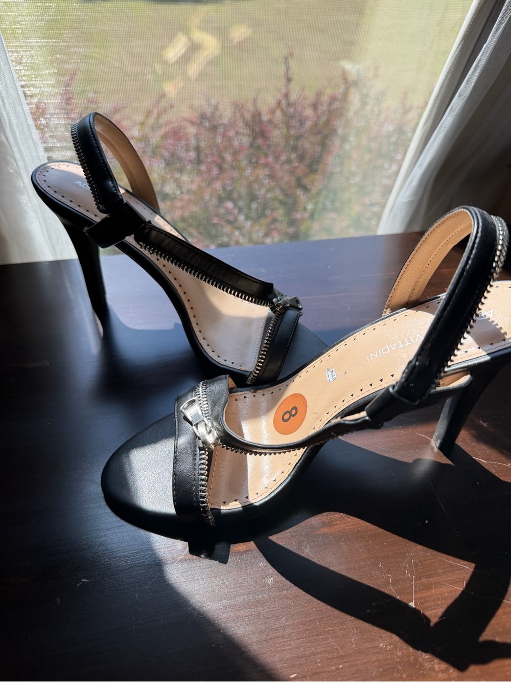 Adrienne Vittadini Black Zipper Strap Heeled Sandals — Size 8 US